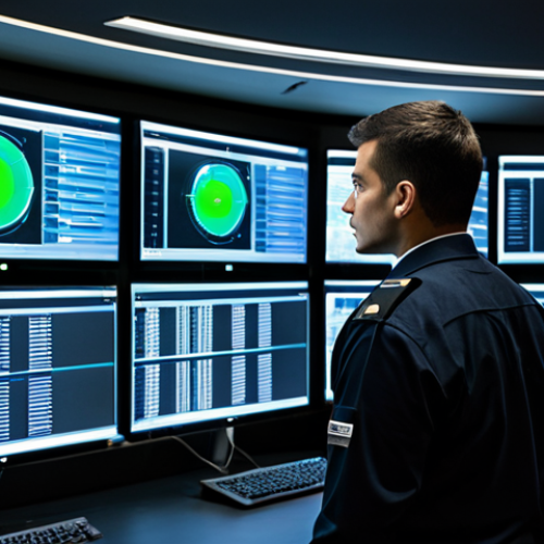 Home 21 A focused male security professional in a crisp, dark uniform, fully clothed, modest clothing, standing in a sophisticated, dimly lit security control room. Large, glowing holographic screens in front of him display complex data visualizations, network activity, and live multi-camera surveillance feeds from a smart city. His posture is attentive, observing the high-tech monitors with a serious, professional expression. The background features subtle indications of physical security infrastructure, like access control panels and a secure entrance. perfect anatomy, correct proportions, natural pose, well-formed hands, proper finger count, natural body proportions, safe for work, appropriate content, fully clothed, professional, high-resolution, futuristic photography.