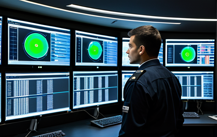 A focused male security professional in a crisp, dark uniform, fully clothed, modest clothing, standing in a sophisticated, dimly lit security control room. Large, glowing holographic screens in front of him display complex data visualizations, network activity, and live multi-camera surveillance feeds from a smart city. His posture is attentive, observing the high-tech monitors with a serious, professional expression. The background features subtle indications of physical security infrastructure, like access control panels and a secure entrance. perfect anatomy, correct proportions, natural pose, well-formed hands, proper finger count, natural body proportions, safe for work, appropriate content, fully clothed, professional, high-resolution, futuristic photography.