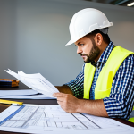 **

"A construction site office, showing blueprints and cost estimation documents spread across a desk, a hard hat and safety vest visible, fully clothed construction worker reviewing plans, appropriate attire, safe for work, perfect anatomy, natural proportions, professional setting, daytime, construction industry, cost surveyor at work, family-friendly, high quality."

**