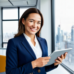 **

"A successful businesswoman in her late 30s, wearing a tailored navy blue pantsuit and a crisp white blouse, fully clothed, appropriate attire, standing confidently in a bright, modern office space with large windows overlooking a bustling city. She is holding a tablet and smiling slightly. Safe for work, professional, perfect anatomy, correct proportions, natural pose, well-formed hands, proper finger count, high resolution, realistic lighting, family-friendly."

**