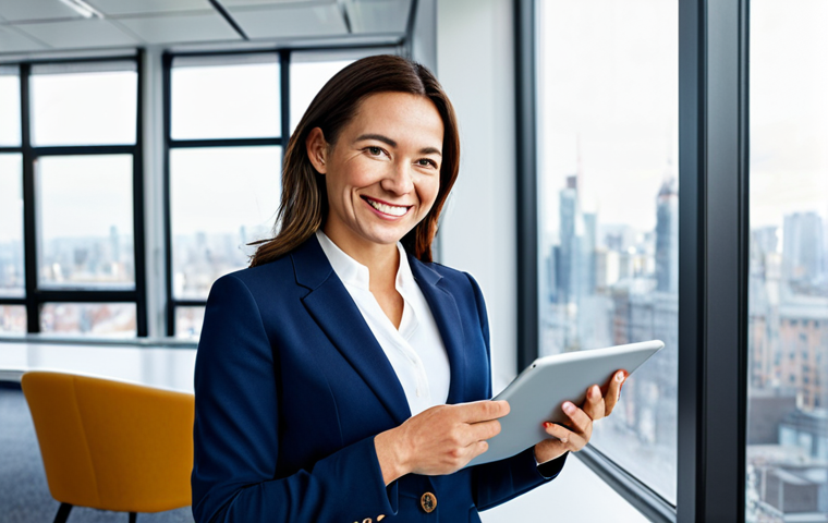 **
"A successful businesswoman in her late 30s, wearing a tailored navy blue pantsuit and a crisp white blouse, fully clothed, appropriate attire, standing confidently in a bright, modern office space with large windows overlooking a bustling city. She is holding a tablet and smiling slightly. Safe for work, professional, perfect anatomy, correct proportions, natural pose, well-formed hands, proper finger count, high resolution, realistic lighting, family-friendly."
**