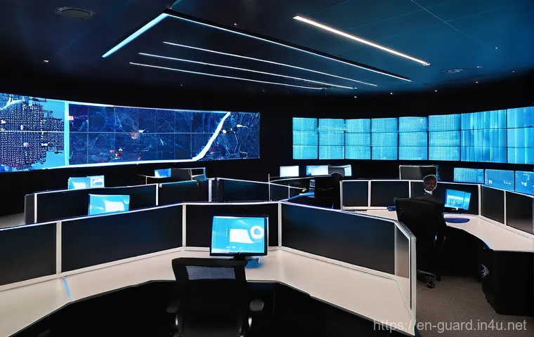 경비지도사와 관련된 기술 발전 - **Prompt:** "A futuristic, integrated security command center at night. The central focus is a large...