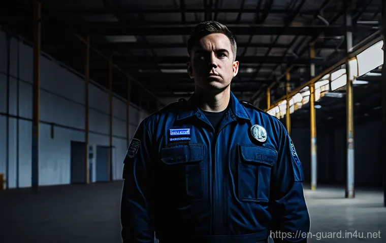경비지도사 실무 중 겪은 위험 상황 - **Prompt 1: The Weight of Unseen Vigilance**
    "A male security officer, approximately 35 years ol...
