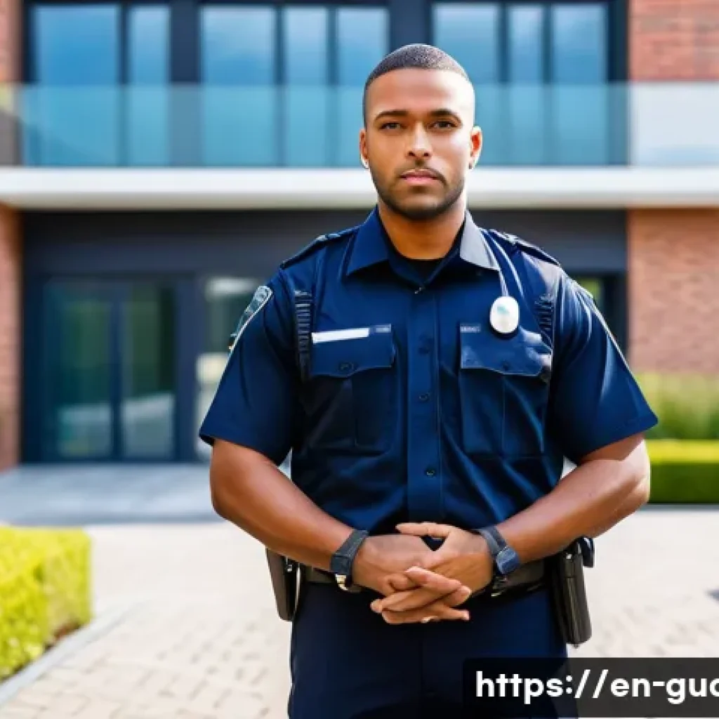 경비지도사 자격증 취득 후 커리어 플랜 - A confident male security officer in a modern private security firm setting, wearing a neat dark blu...