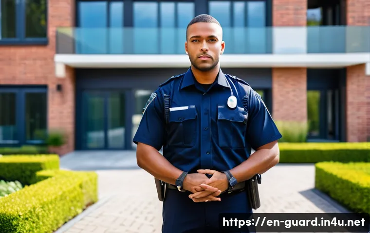 경비지도사 자격증 취득 후 커리어 플랜 - A confident male security officer in a modern private security firm setting, wearing a neat dark blu...