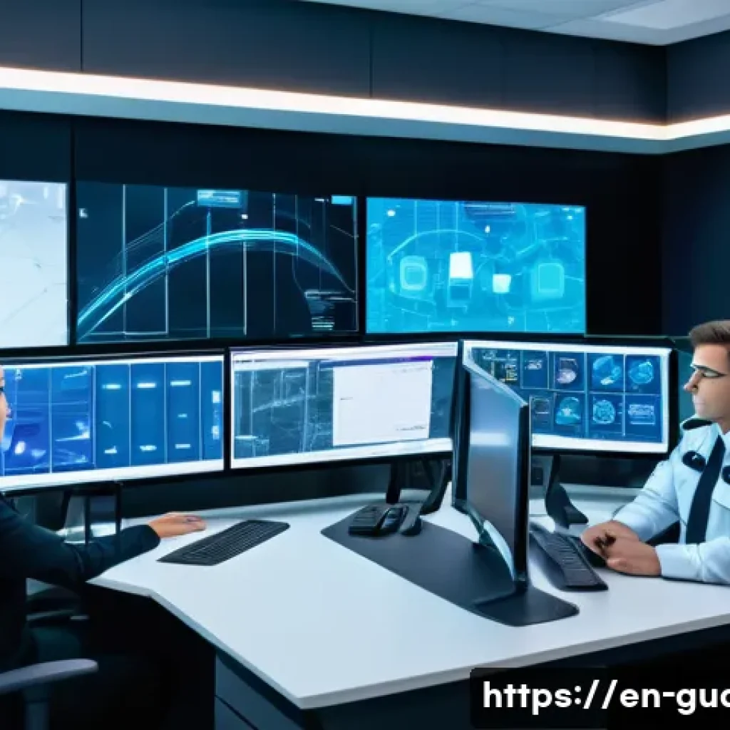 경비지도사와 관련된 산업 변화 - A modern security control room with diverse security guards actively monitoring AI-powered surveilla...