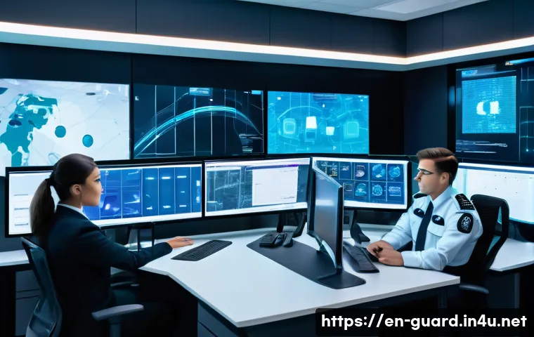 경비지도사와 관련된 산업 변화 - A modern security control room with diverse security guards actively monitoring AI-powered surveilla...