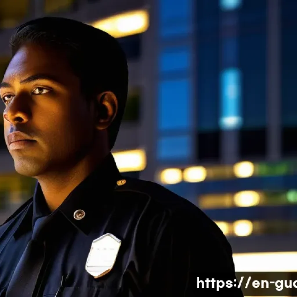 경비지도사 직업의 장단점 - A vigilant security officer standing alert during a quiet night shift outside a modern corporate off...