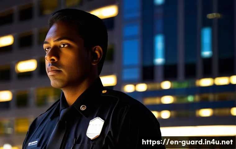 경비지도사 직업의 장단점 - A vigilant security officer standing alert during a quiet night shift outside a modern corporate off...
