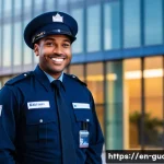 Home 22 경비지도사 자격증의 혜택 - A confident security guard standing in front of a modern corporate building at dusk, wearing a crisp...