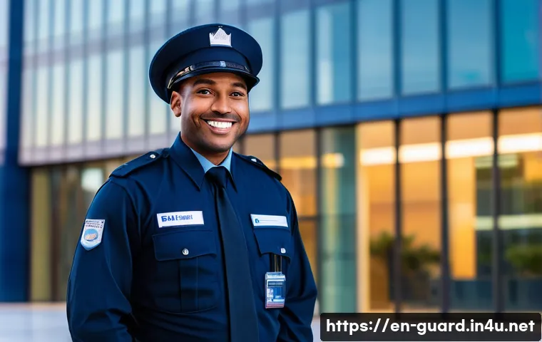 경비지도사 자격증의 혜택 - A confident security guard standing in front of a modern corporate building at dusk, wearing a crisp...