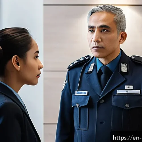 Home 33 경비지도사로서 고객 응대 요령 - A professional security officer attentively listening to a concerned visitor at an office lobby, mai...