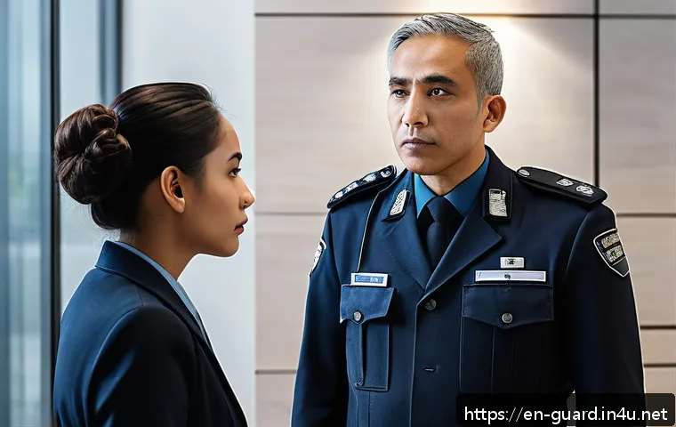 경비지도사로서 고객 응대 요령 - A professional security officer attentively listening to a concerned visitor at an office lobby, mai...