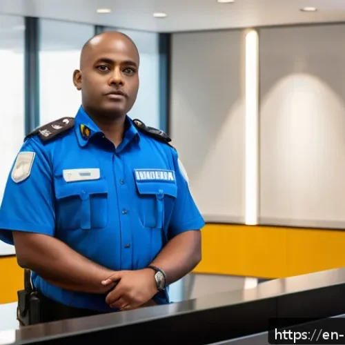 Home 32 경비지도사 초보자가 자주 묻는 질문 - A vigilant security guard standing confidently in a modern corporate office lobby, wearing a crisp u...