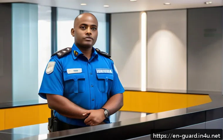 경비지도사 초보자가 자주 묻는 질문 - A vigilant security guard standing confidently in a modern corporate office lobby, wearing a crisp u...