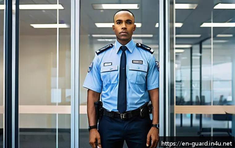 경비지도사 직업의 매력 - A vigilant security officer in a modern corporate office environment, wearing a professional uniform...