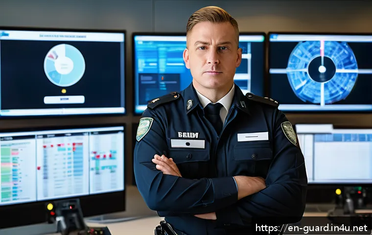 경비지도사 시험 합격을 위한 체크리스트 - A professional security officer in a crisp uniform, standing confidently in a modern control room fi...