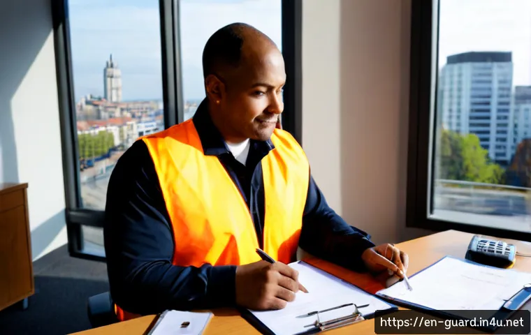 경비지도사 직업 만족도 - Photorealistic security operations manager in a neat office, reviewing a building safety plan with a...