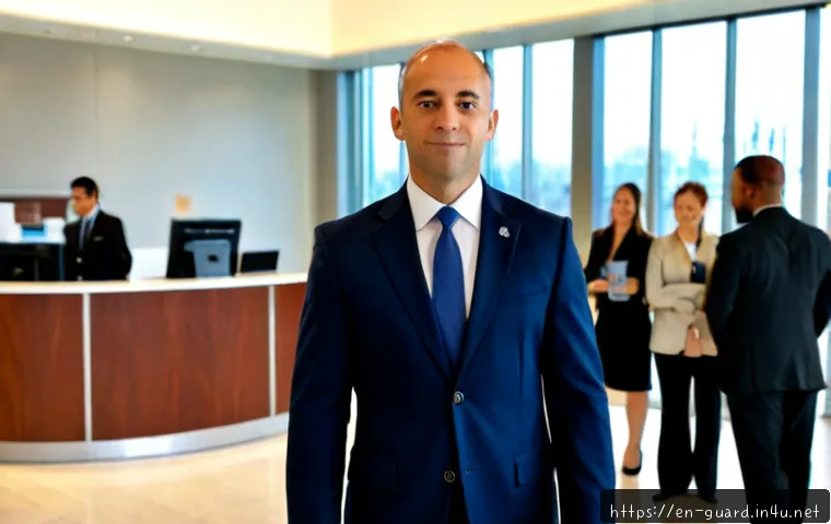 경비지도사 직업에 대한 사회적 인식 - Photorealistic corporate security manager in a neat navy suit and discreet earpiece, calmly coordina...